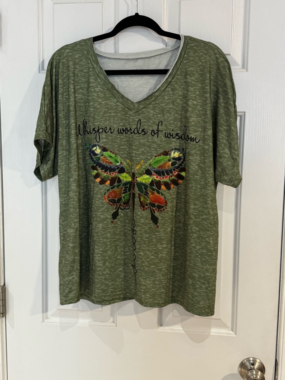 XL Olive Green 🎤Let It Be🪲 Short Sleeve V-Neck Tee Colorful Butterfly